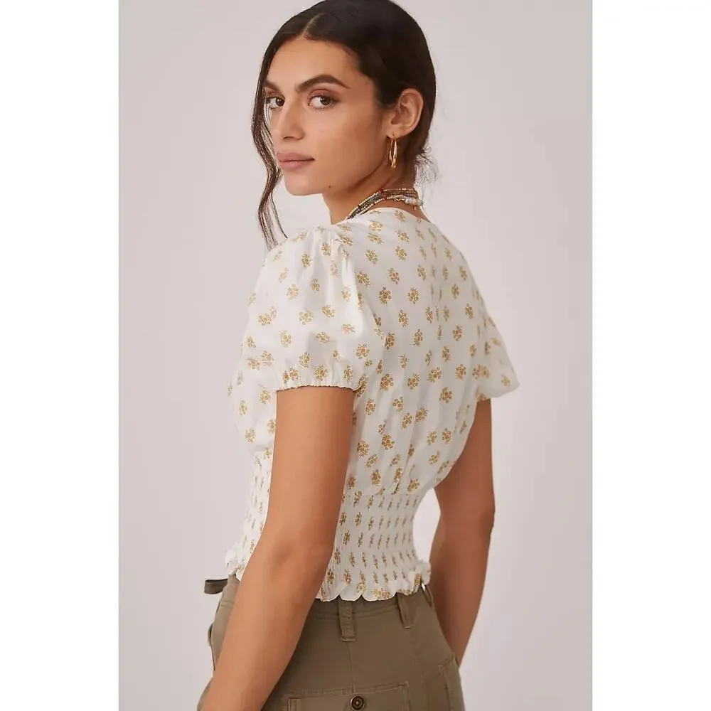 FAITHFULL THE BRAND Alba Top V-Neck Smocked Blouse Cairo Floral 8 Large L
